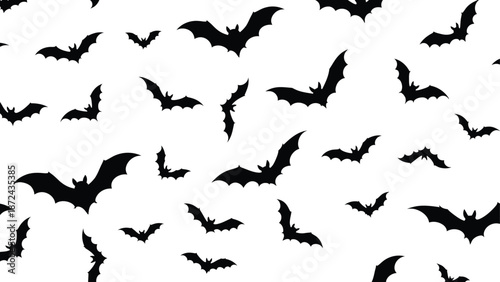 Black Bat Silhouettes Flying on White