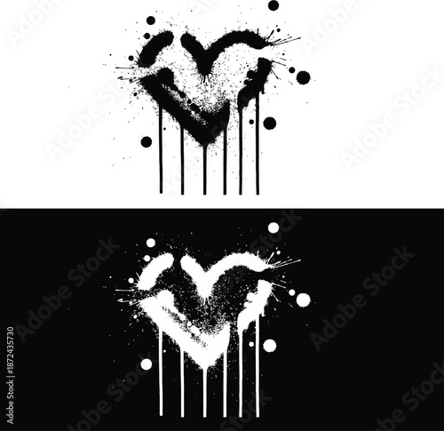 Abstract Heart Spray Paint Splatter Design on White and Black Backgrounds