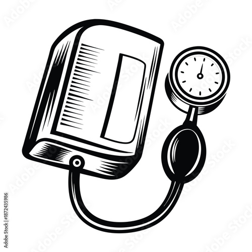Monochrome sphygmomanometer shows medical equipment used for blood pressure measurement isolated on white