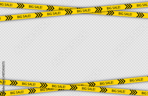Big Sale yellow tape with border. Discount promo ribbon. Template with crossing realistic tapes for Black Friday, discount. Banner for sale. Vector illustration.