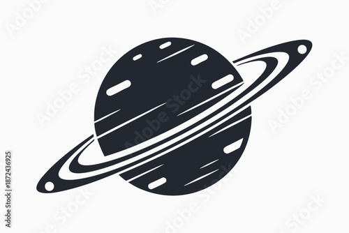 Simple monochrome illustration of a planet with rings orbiting it over a plain backdrop