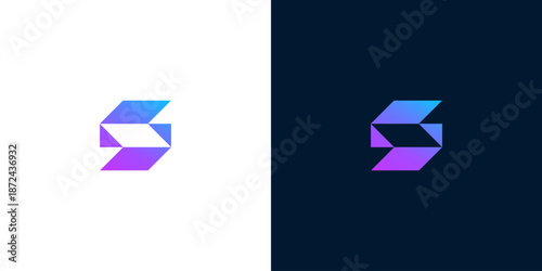 Dynamic abstract S letter logo design, modern geometric form with smooth purple and blue gradient, ideal for digital branding, technology, and professional services