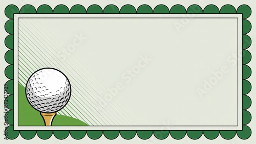 Golf ball on tee in green landscape with decorative border