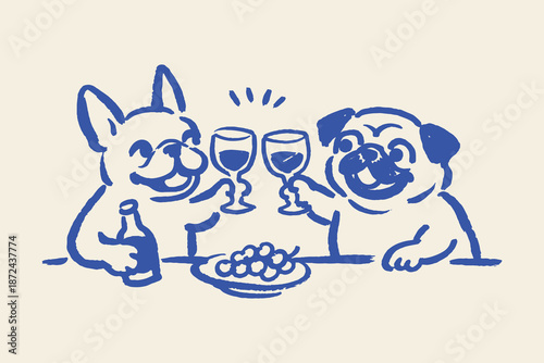 Dogs toasting wine doodle line art vector illustration