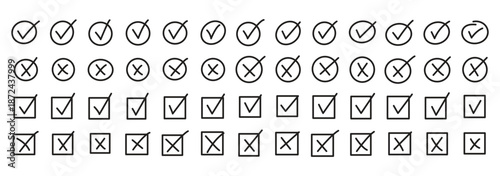 Check tick mark icon set. Cross box x check mark checkbox v list vector draw hand drawn brush marker checklist symbol wrong right Square Boxes. Vector Illustration 