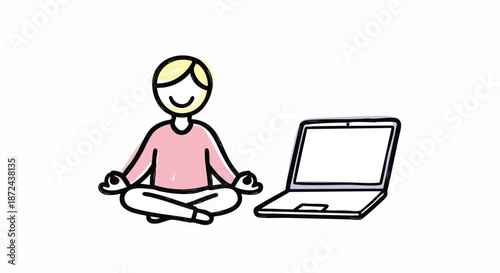 Person meditating next to a laptop, representing work-life balance, mindfulness, and remote work