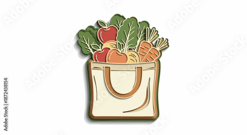 Illustration of a reusable grocery bag filled with fresh fruits and vegetables, symbolizing healthy eating and sustainability