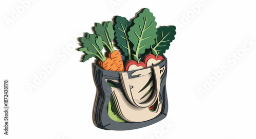 Illustration of a reusable shopping bag filled with fresh carrots, radishes, and leafy greens, symbolizing healthy eating and sustainable shopping.