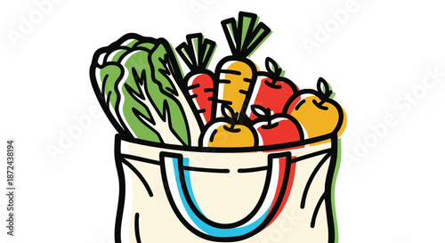 Hand-drawn illustration of a reusable shopping bag filled with fresh fruits and vegetables, symbolizing healthy eating and groceries.