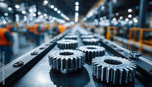 Automotive gear spare parts assembly line at factory. Workers, engineers at work. Mechanical engineering, production process