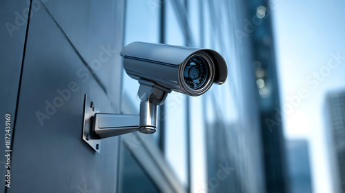 Security camera mounted on a modern building exterior provides surveillance and protection against crime in urban areas