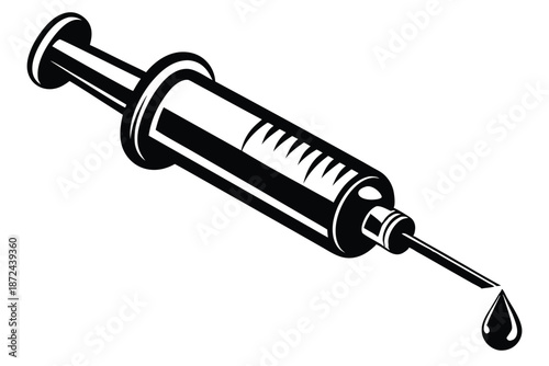 Black and white medical syringe releasing a single drop is prominently displayed