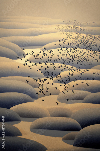 AI generator images of Paintings or photographs of smooth, undulating sand dunes or hills in the desert, bathed in soft sunlight.
Large flocks of birds are seen flying in groups across the sand dunes,