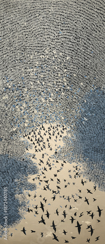 AI generator images of Paintings or photographs of smooth, undulating sand dunes or hills in the desert, bathed in soft sunlight.
Large flocks of birds are seen flying in groups across the sand dunes,