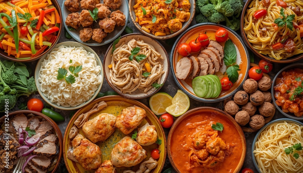 Fototapeta premium Assorted Delicious Dishes with Meat, Vegetables, and Pasta