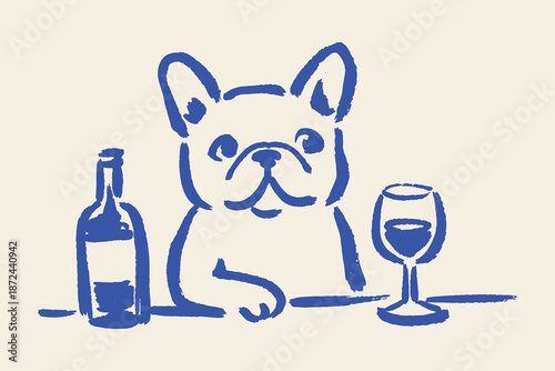 Bulldog with wine bottle doodle line art vector illustration