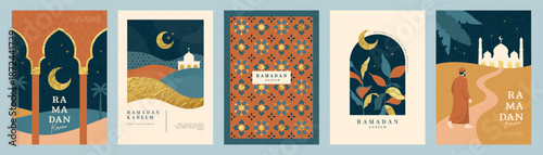 Set of Ramadan Kareem greeting card designs in modern artistic style, featuring golden crescent moon silhouette, mosque architecture, and man walking in desert going to pray, vector illustration.
