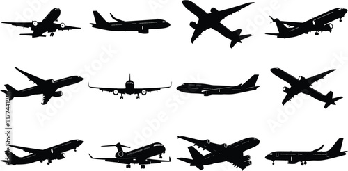Airplane silhouette collection, black vector aircraft, aviation design, jet plane shapes, commercial and military planes, flight icon, graphic set