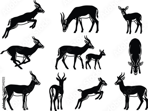 Antelope silhouettes, standing antelope, grazing antelope, running antelope, mother with calf, wildlife art, nature illustration, animal motion, elegant mammals, black silhouettes