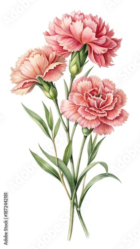 Watercolor Painting of Pink Carnations with Delicate Petals and Green Stems
