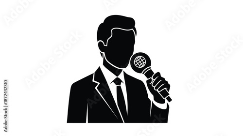 Silhouette of a man in a suit speaking into a microphone a formal presentation