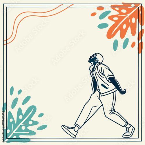 Young man walking in frame with decorative leaves pattern