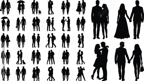 Couple silhouette collection, romantic poses, walking, dancing, pet interaction, umbrella, casual and formal attire, vector art, gray background