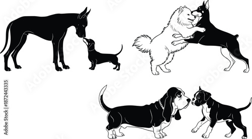 Dogs, interaction, playful, breeds, puppy, friendship, canine, social, cute, outdoor, bonding, pets, animals, standing, sniffing, greeting, furry, companions, behavior, communication