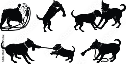 Dogs playing with rope toys, tug-of-war, black silhouettes, pet interaction, vector art, playful behavior, dynamic poses, animal motion