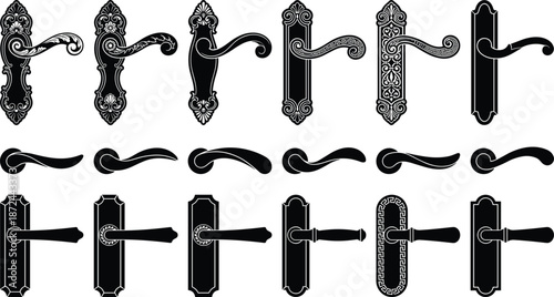 Door handle silhouettes, vintage and modern styles, decorative hardware, black icons, interior design elements, elegant knobs, home decor inspiration