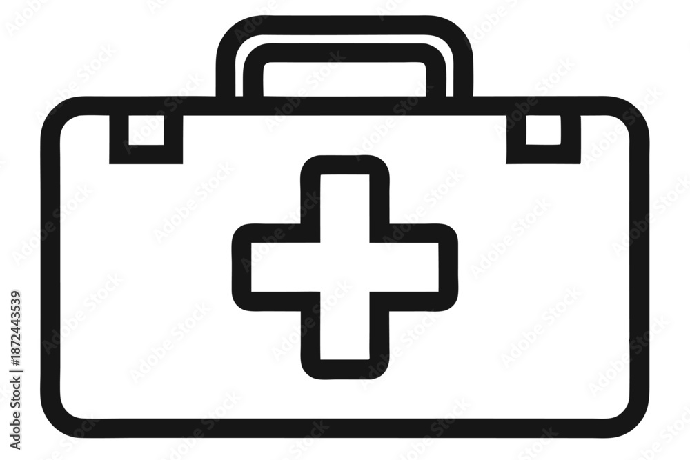 Obraz premium Simplified black line art showcases a medical first aid kit container emblem