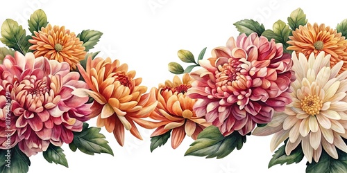 Floral Watercolor Border Featuring Chrysanthemums in Pink, Orange, and Cream Colors
