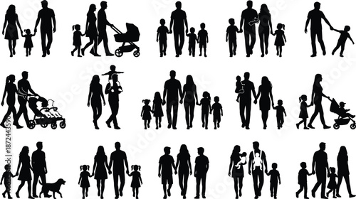 Family silhouette collection, diverse groupings, walking poses, parents and children, pet inclusion, stroller figures, black icons, caregiving illustration
