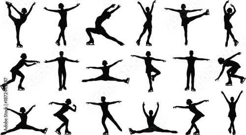 Figure skating silhouettes, ice dance poses, athletic elegance, graceful movement, spin jump arabesque, winter sport, choreography, artistic skating, flexibility, balance