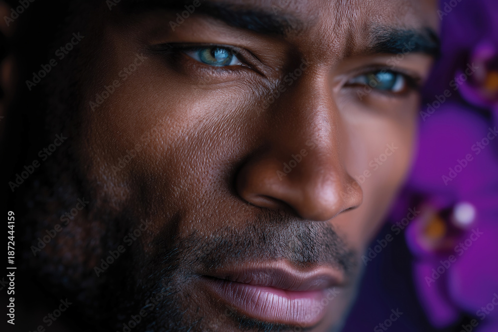 Obraz premium Man with blue eyes and flowers, close up, indoors, bright light