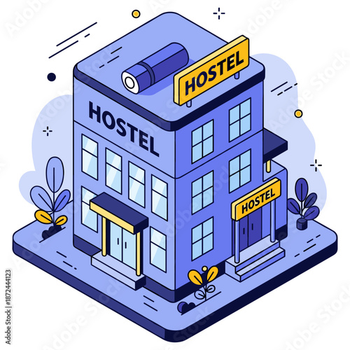 Blue isometric hostel building illustration with signs and plants. No editable stroke