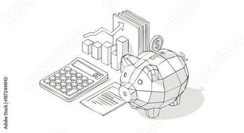 Piggy bank, calculator, and financial charts represent savings, investment, and business growth in a simple isometric illustration.