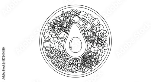 Overhead view of a healthy vegan buddha bowl with avocado, tofu, and grains, hand-drawn line art illustration