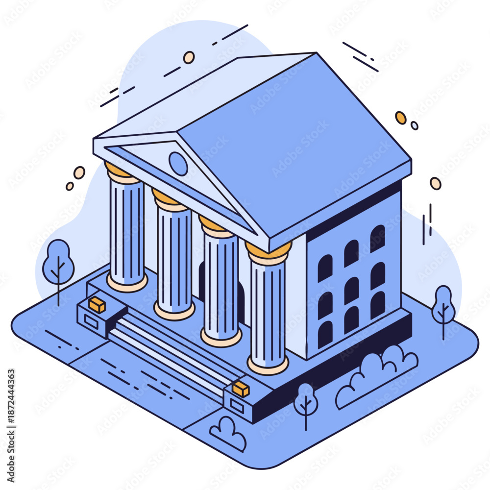 Fototapeta premium Blue isometric schema of classical building with columns and steps. No editable stroke