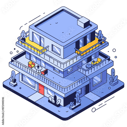 Isometric modern apartment building with balconies and outdoor spaces. No editable stroke