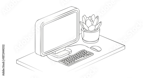 Simple line drawing of a desktop computer, keyboard, mouse, and potted plant on a desk, isometric view