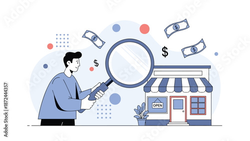 Entrepreneur using a magnifying glass to inspect a small business building with money symbols flying around for success.