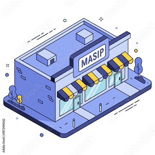 Isometric blue shop with yellow awnings and masip signage. No editable stroke