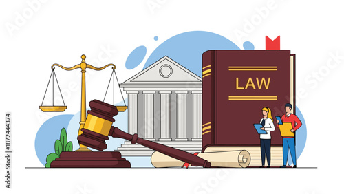 Legal justice concept with a large law book, scales, gavel, and court house building with professional lawyers in front.