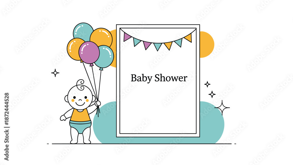 Obraz premium Baby shower invitation template features a cute infant holding a bunch of colorful balloons next to a blank white frame with festive bunting flags.