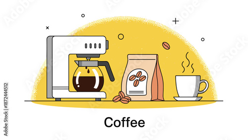 Modern coffee station illustration features a drip machine, fresh roasted beans, a paper bag, and a steaming white cup on a warm yellow backdrop.