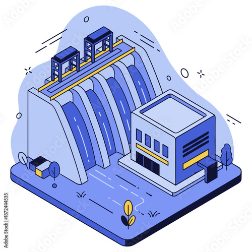 Illustrated hydroelectric dam with power station and water flow in isometric design. No editable stroke