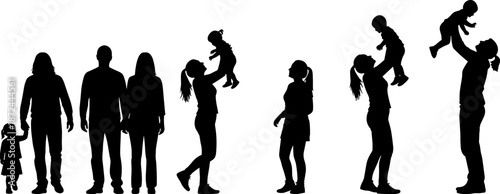 Collection of family silhouettes with parents and children, mother lifting baby and father holding hand, black isolated human shapes for parenthood design concepts.