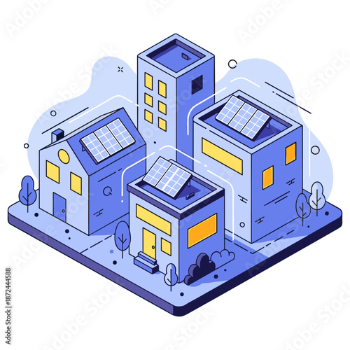 Isometric urban cityscape with solar panels on rooftops and trees. No editable stroke