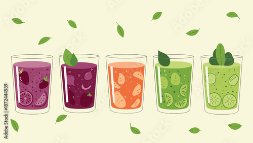 Assortment of healthy fruit and vegetable smoothies are served in clear glasses with fresh garnishes floating on a soft cream colored background.